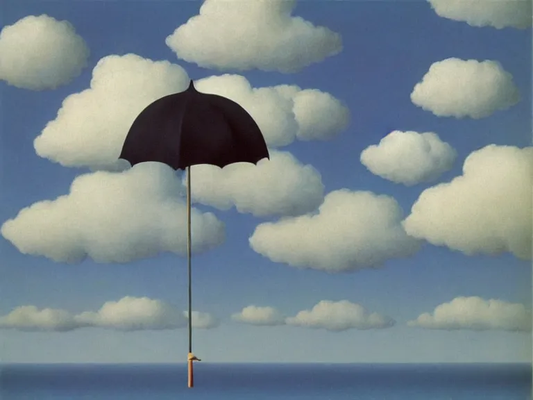 Prompt: umbrella with cloud color, painting by rene magritte, centered, high detail, high resolution