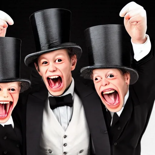 Image similar to 3 monkeys pointing their fingers at the camera. wearing top hats, laughing uncontrollably, hysterical laughter