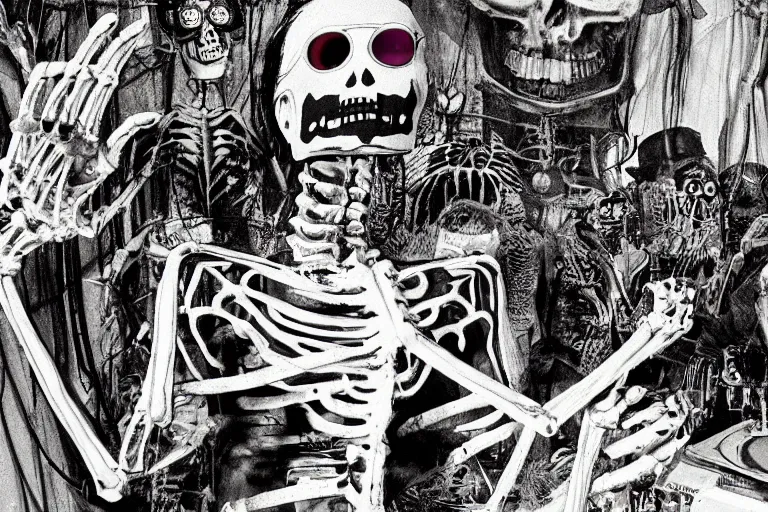 Image similar to scene from fear and loathing in las vegas, day of the dead, cyber skeleton, neon painting by otto dix