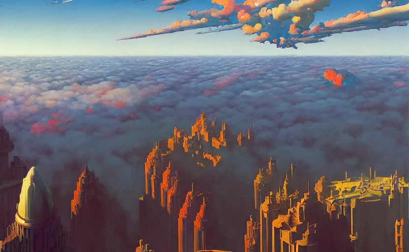 Image similar to A victorian city built above the clouds , very coherent, painted by Edward Hopper, Wayne Barlowe, painted by James Gilleard, airbrush, art by JamesJean