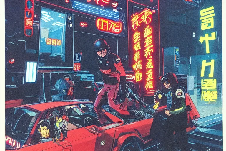 Prompt: 1979 OMNI Magazine Cover of a police stopping a downtown convenience store robbery in neo-Tokyo in cyberpunk style by Vincent Di Fate
