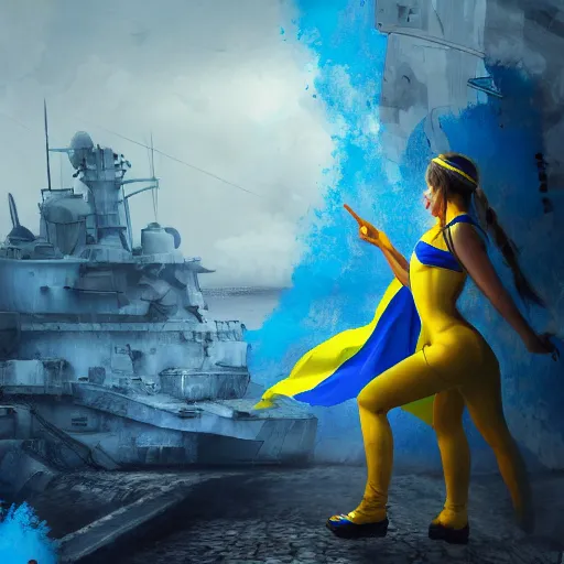 Image similar to ukrainian girl with blue and yellow clothes near big ruined warship, concept art, trending on artstation, highly detailed, intricate, sharp focus, digital art, 8 k