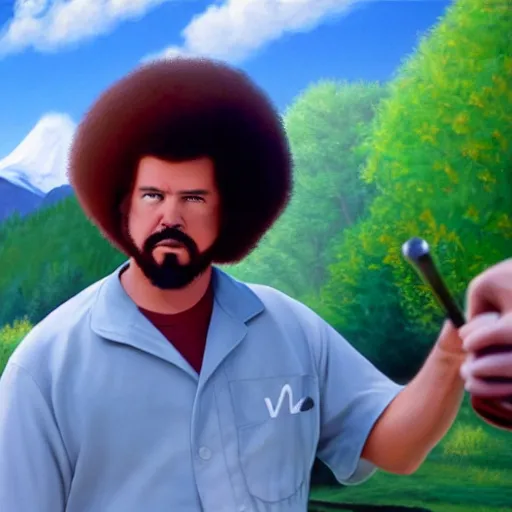 Image similar to a closeup photorealistic photograph of bob ross painting an image of kenny powers pitching a baseball on a canvas. mountains and trees. film still. brightly lit scene. this 4 k hd image is trending on artstation, featured on behance, well - rendered, extra crisp, features intricate detail, epic composition and the style of unreal engine.