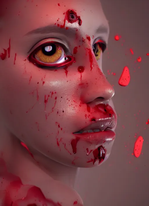 Image similar to a bloodied woman with insect eyes is pictured on the wall, glitch art, octane render, trending on artstation