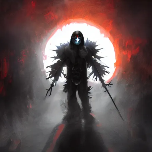 Image similar to photorealistic dark fantasy concept art of nightmare sans with his eye glowing, dynamic lighting, stunning visuals, ray tracing, beautiful scenery, cinematic, full body portrait, ultra detailed, hyper detail, stunning detail