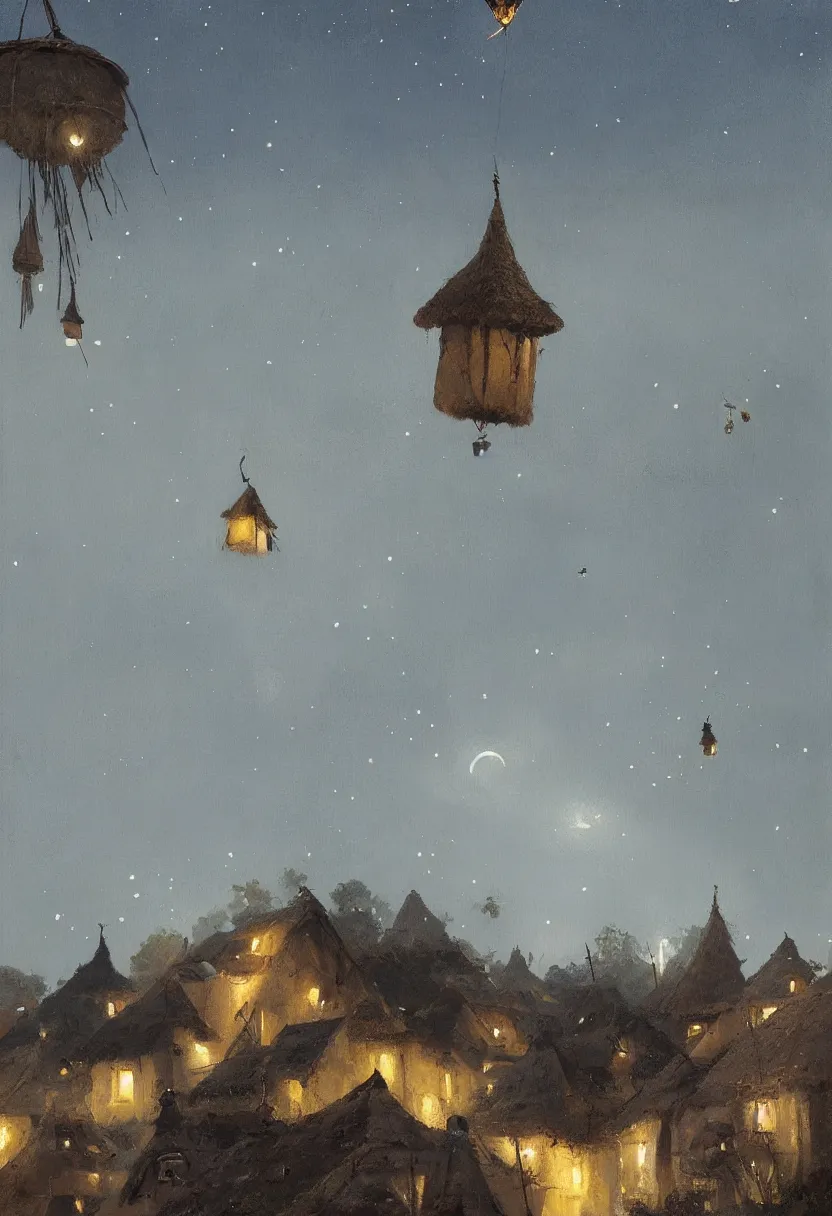 Prompt: Painting by Greg Rutkowski, at night a big ceramic jug with gold ornament flies high in the night dark blue sky above a small village with white houses under thatched roofs, stars in the sky