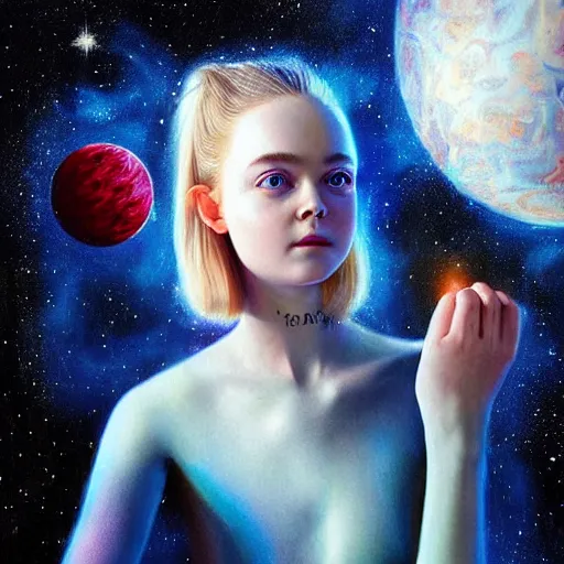 Image similar to a striking hyper real painting of Elle Fanning in space by Sascha Schneider