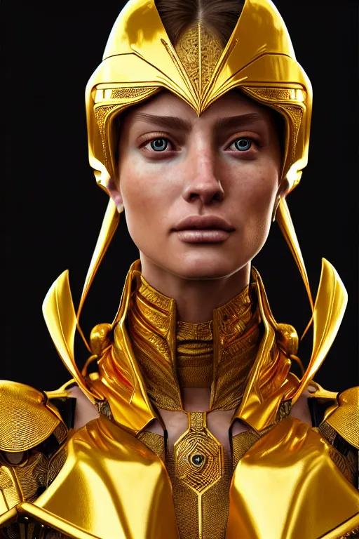 Image similar to professional digital art of a hyper realistic and highly detailed beautiful woman in a beautiful complexe golden armor. girl's face is hyper realistic and highly detailed. greg rutkowski, zabrocki, karlkka, jayison devadas, intricate, trending on artstation, 8 k, unreal engine 5, pincushion lens effect