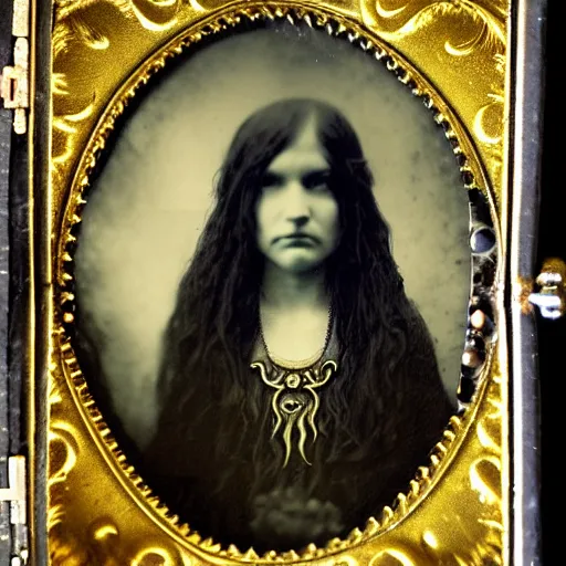 Image similar to tintype ambrotype daguerreotype of a cthulhu priestess adorned in occult jewelery with tentacle hair. emerging walking out of a slithering baroque frame. she is high priestess of cthulhu. tintype