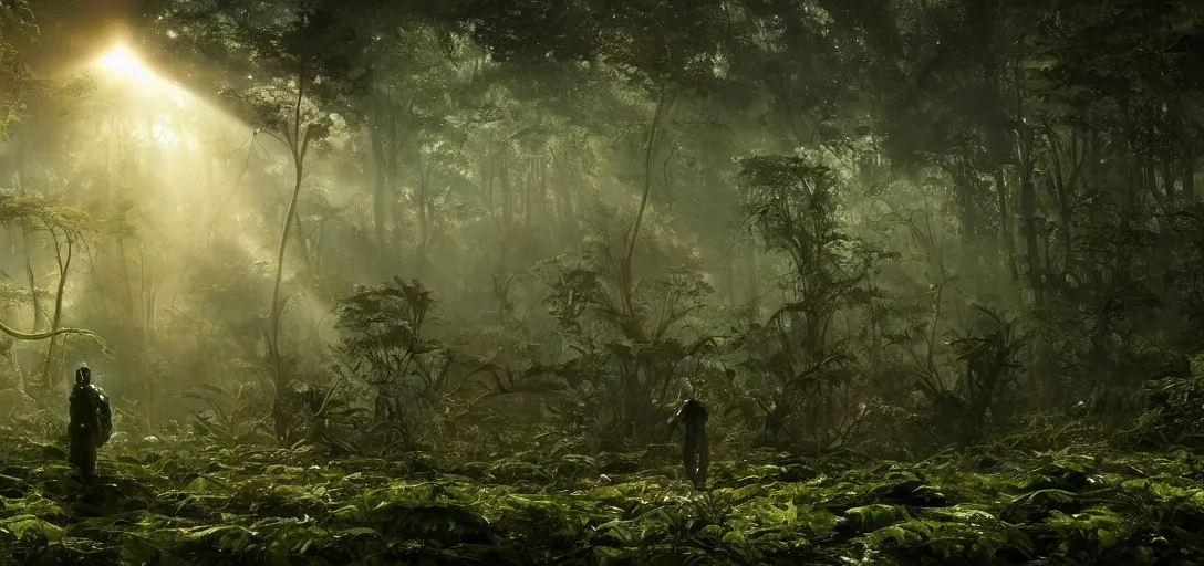 Image similar to a nasa astronaut visiting a complex organic fractal metallic symbiotic ceramic humanoid megastructure creature in a swampy lush forest, foggy, sun rays, cinematic shot, photo still from movie by denis villeneuve, wayne barlowe