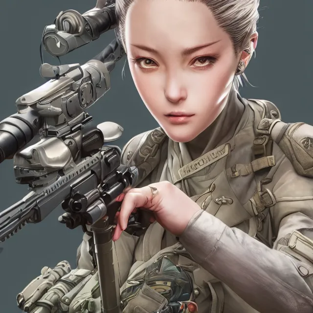 Image similar to the hyperrealistic portrait of lawful neutral female futuristic marine sniper as absurdly beautiful, gorgeous, elegant, young anime gravure idol, an ultrafine hyperdetailed illustration by kim jung gi, irakli nadar, intricate linework, bright colors, octopath traveler, final fantasy, unreal engine 5 highly rendered, global illumination, radiant light, detailed and intricate environment