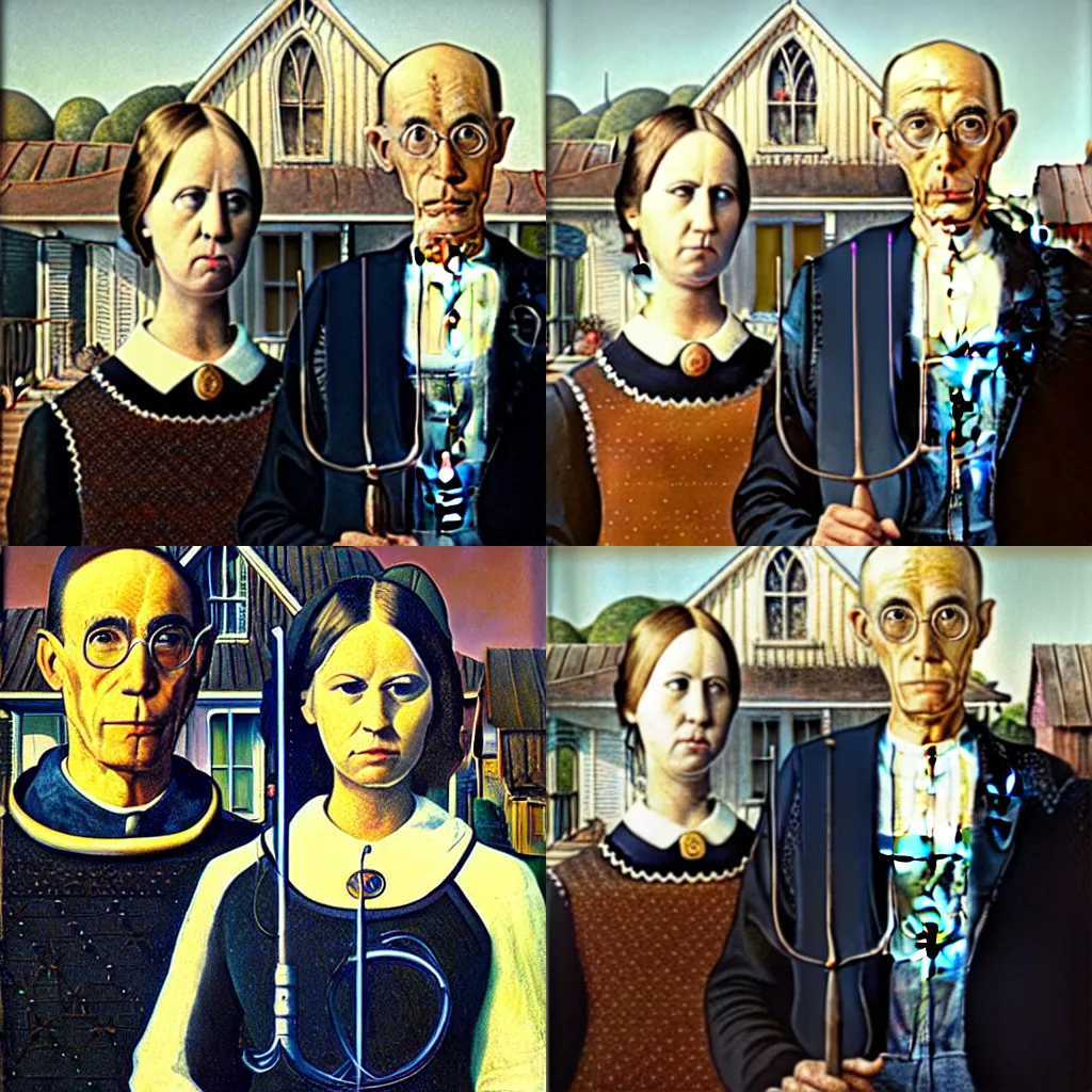 Prompt: a painting by Grant Wood of an astronaut couple, american gothic style