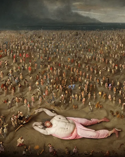 Image similar to the body of gulliver, a young man from the early 1 7 th century, lies unconscious on a lilliputian beach, surrounded by thousands of tiny lilliputians wearing strange clothes. gulliver is dressed in early 1 7 th century male clothing designed in the style of sandy powell. hyperreal and cinematic, trending on artstation, gulliver ’ s travels
