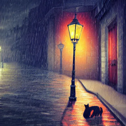 Prompt: a cute orange tabby cat with green eyes on an old street, it is night and raining, street lamps are illuminating the street, moody lighting, peaceful atmosphere, digital art, highly detailed, high contrast, beautiful lighting, award winning, trending on art station, 8 k,