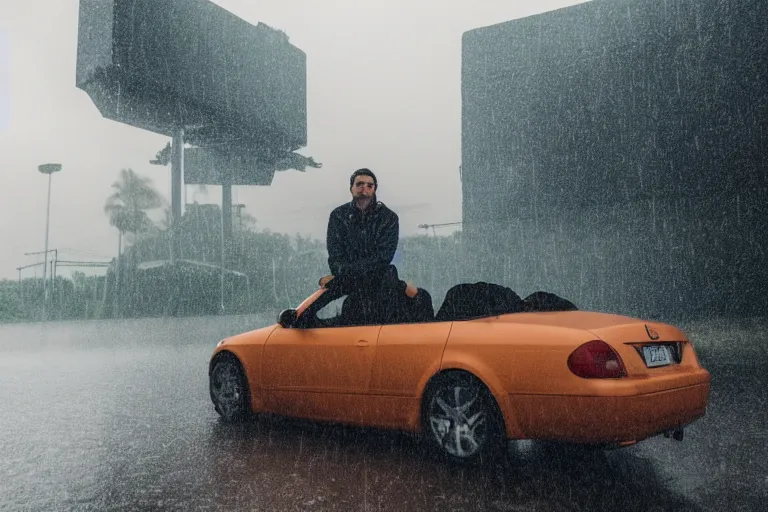 Image similar to Photo of a man sitting on the car roof in the heavy rain at the city that sank , outdoor lighting, dynamic lighting, volumetric, wide angle, anamorphic lens, go pro, 4k