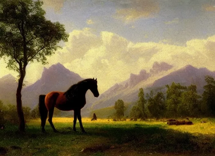 Image similar to painting of a horse on a field in front of beautiful mountains by albert bierstadt