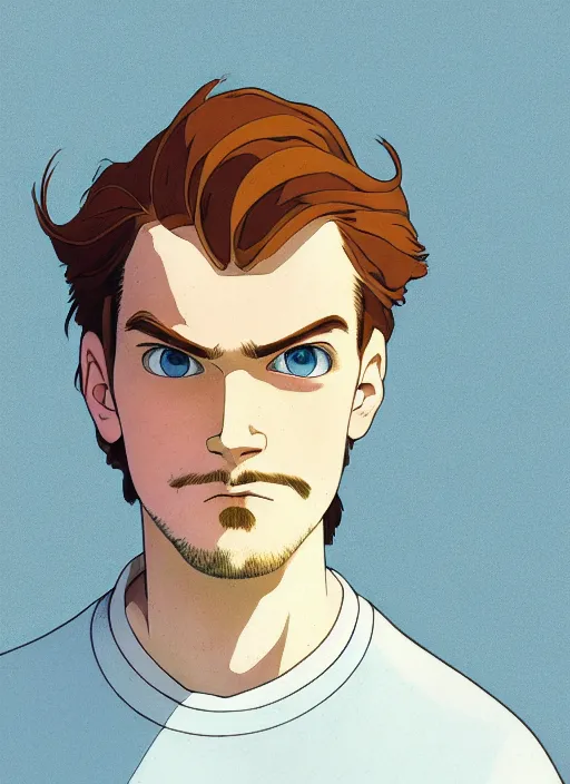 Image similar to art young lenin, light blue eyes, pale skin, freckles, sad expression, t - shirt, modern casual clothing, natural lighting, path traced, highly detailed, high quality, cartoon, digital painting, by don bluth and ross tran and studio ghibli and alphonse mucha