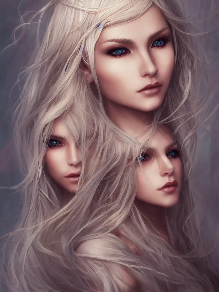 Prompt: beautiful elven necromancer, blonde hair, balayage, dark fantasy, symmetrical face two identical symmetrical eyes, feminine figure, smooth skin, gorgeous, pretty face, beautiful body, revealing outfit, high detail, realistic, cgsociety, artgerm, trending on artstation