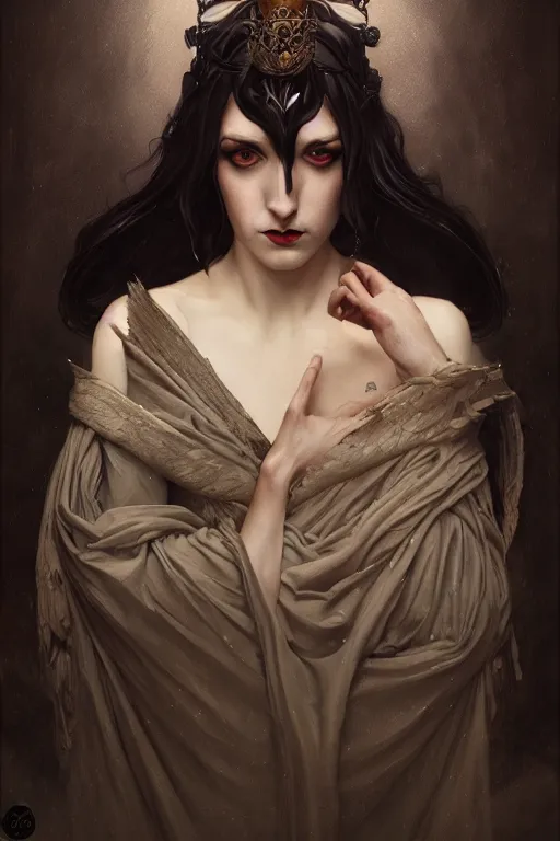 Prompt: a portrait of the Raven Queen, dark magic, illustration, dramatic lighting, soft details, painting oil on canvas, art nouveau, octane render, HDR, 4k, 8k, HD, by Edmund Blair Leighton, Brom, Charlie Bowater, trending on artstation, ,Tom Bagshaw faces by otto Schmidt