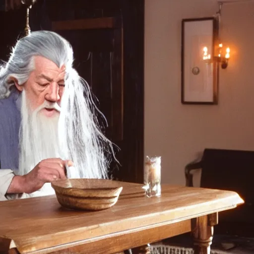 Prompt: gandalf sniffing and snorting white substance from table