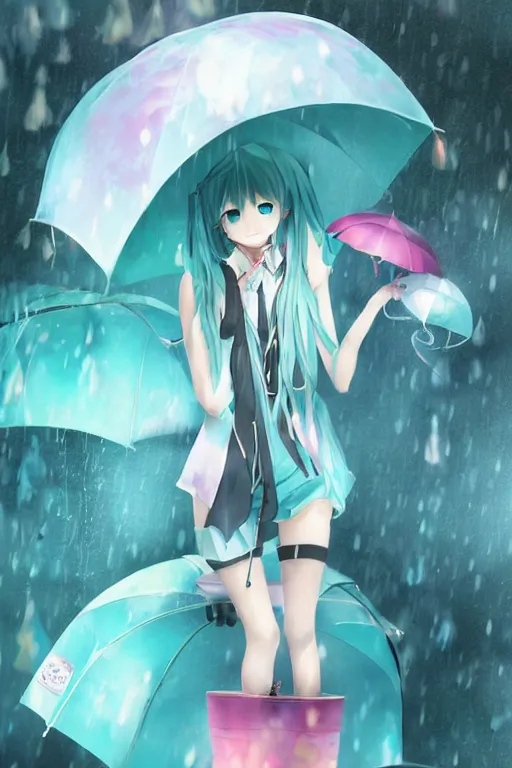 Prompt: hatsune miku in the rain under an umbrella, by wlop, concept art, poster