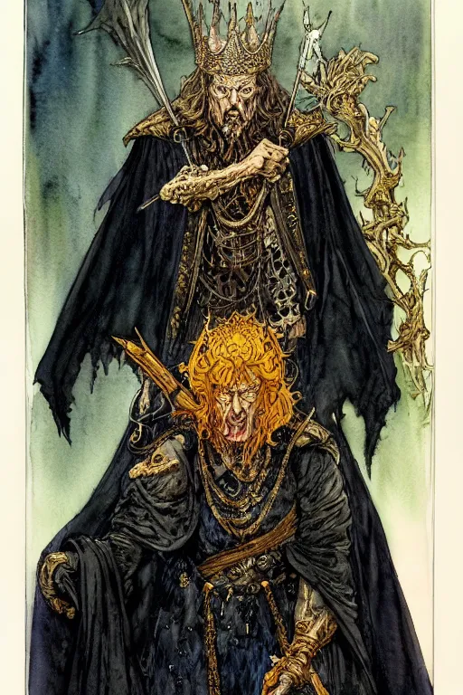 Image similar to a realistic and atmospheric watercolour fantasy character concept art full body portrait of an evil king with a black crown looking at the camera with an intense gaze by rebecca guay, michael kaluta, charles vess and jean moebius giraud