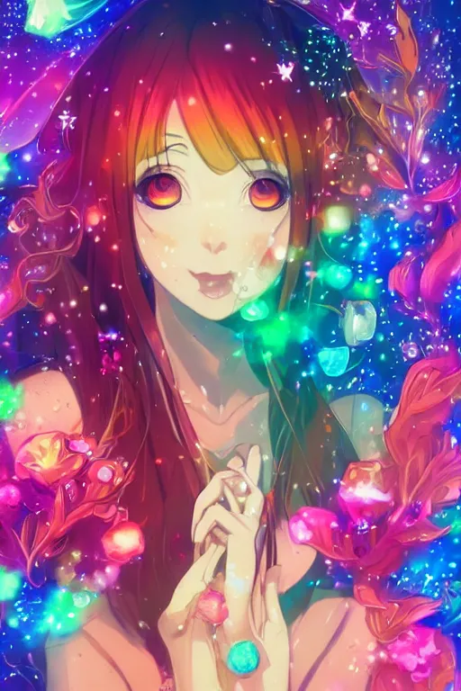 Prompt: psychedelic, whimsical, anime, 4k, beautiful intimate woman vaping with professional makeup, long trippy hair, a crystal and flower dress, sitting in a reflective pool, surrounded by gems, underneath the stars, rainbow fireflies, trending on patreon, deviantart, twitter, artstation, volumetric lighting, heavy contrast, art style of Ross Tran and Ilya Kuvshinov