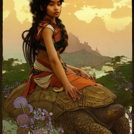 Image similar to a little warrior girl sitting on top of one giant turtle with a wise face that is walking in the desert. the girl has dark skin and beautiful green eyes, realistic full body and a very beautiful detailed symmetrical face with long black hair. diffuse light, dramatic sky and landscape, long shot fantasy illustration by mucha