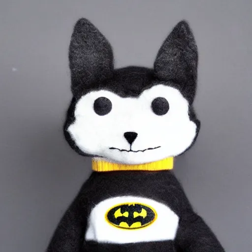 Image similar to cute sock puppet fox dressed as batman, kawai, wool, photorealistic, very detailed, eating crayons, 4 k