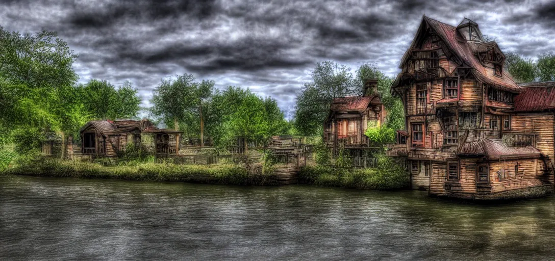 Image similar to house, river, steampunk, 8k, realistic, high definition, 10 bit colour, hdr