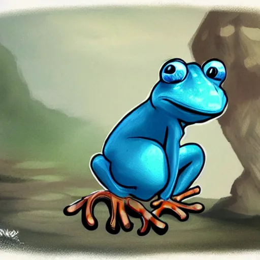 Prompt: concept art of a character from a 3d platform game, the character is a blue frog that looks like Tom Sawyer