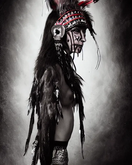 Image similar to lady native sisters ghost - spirit of the grim - warpaint wears the scarlet skull armor and native blood headdress feathers, midnight fog - mist!, cinematic lighting, various refining methods, micro macro autofocus, ultra definition, award winning photo, photograph by ghostwave - gammell - giger - shadowlord