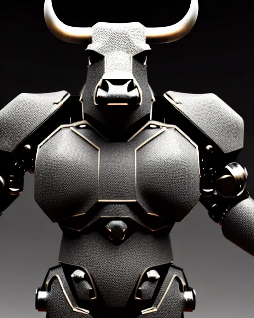 Image similar to a full body shot of an imposing cyborg bull modeled after a bull looking into the camera, contrast lighting, black skin!!!, intricate pattern, hard rubber chest, highly detailed, android, cyborg, full body shot, intricate, 3 d, symmetrical, octane render, fantasy, highly detailed, digital art, artstation, strong bokeh, black face