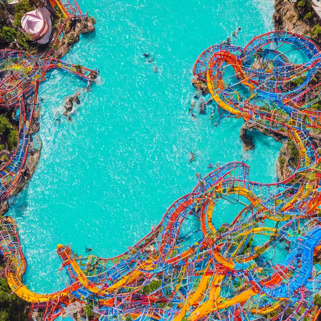 Image similar to colorful rollercoasters over pools of bright blue water, birds eye view