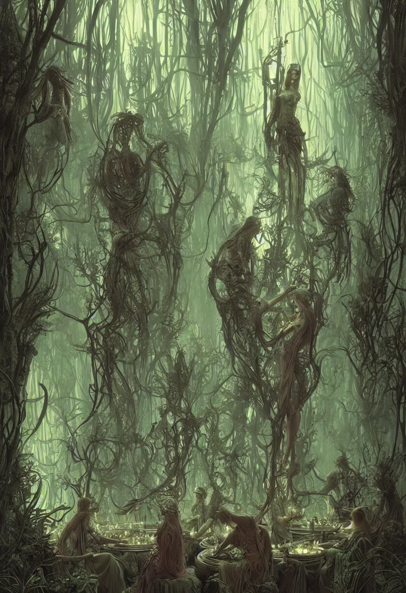 Image similar to a group of beautiful cyberpunk witches having a seance in a bioluminescent forest - by greg rutkowski and raymond swanland hr giger and zdzislaw beksinski and alphonse mucha and moebius, matte painting, hyperdetailed, symmetry, art nouveau, beautiful render, concept art