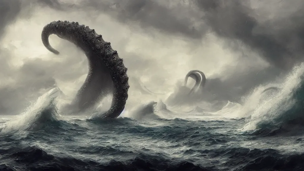 Prompt: a fantasy book landscape with massive big giant kraken in the background, small boat in a stormy sea, giant waves, lightning in the background, soft digital painting, highly detailed, artstation, sharp focus, illustration, concept art, ruan jia, oil painting, 4 k