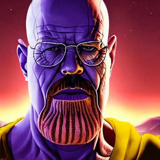 Prompt: Thanos as Heisenberg. Breaking Bad. ultra detailed matte painting, photorealistic, smooth, cinematic lighting