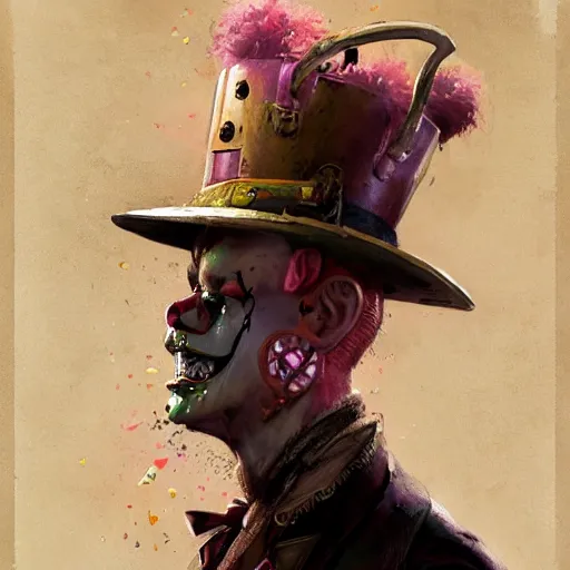 Image similar to Portrait of a creepy steampunk clown, fantasy, colorful, detailed, by Greg Rutkowski and Dave McKean, pink and gold color palette