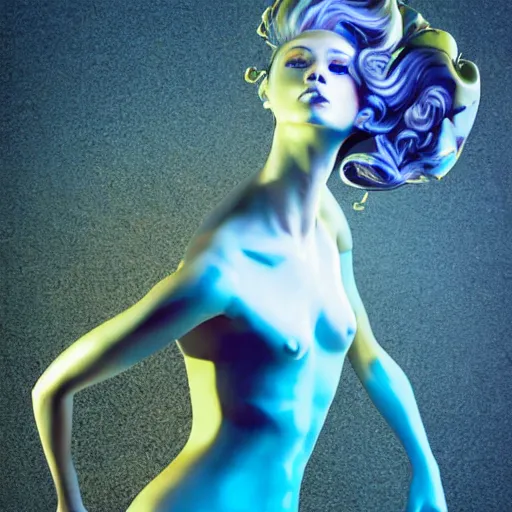 Prompt: flume_and_former_cover_art_future_bass_girl_unwrapped_statue_bust_curls_of_hair _petite_lush _body_photography_fungi gills hair growing metallic shrooms blue bruise gold caps out_model_futuristic_material_simple_backgroundg vibrant