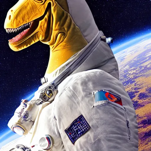 Image similar to a hyper realistic digital painting of a dinosaur in an astronaut suit in space