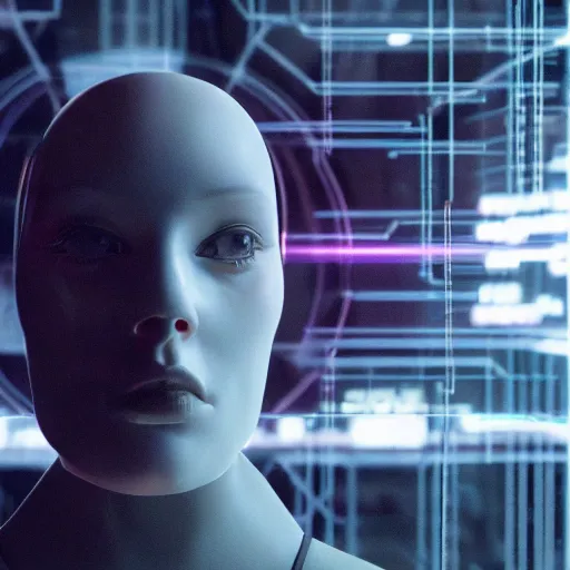 Prompt: film still of Black Mirror Episode about Sentient Artificial Intelligence, VFX, 2022, 40mm lens, shallow depth of field