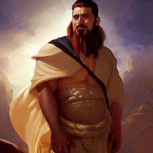 Prompt: A beautiful digital painting of a 30 year old man with middle eastern skin and Biblical clothing, by Stanley Artgerm Lau, frank frazetta, Rossdraws, James Jean, gerald brom, Andrei Riabovitchev, Marc Simonetti, and Sakimichan, trending on artstation, SFW version