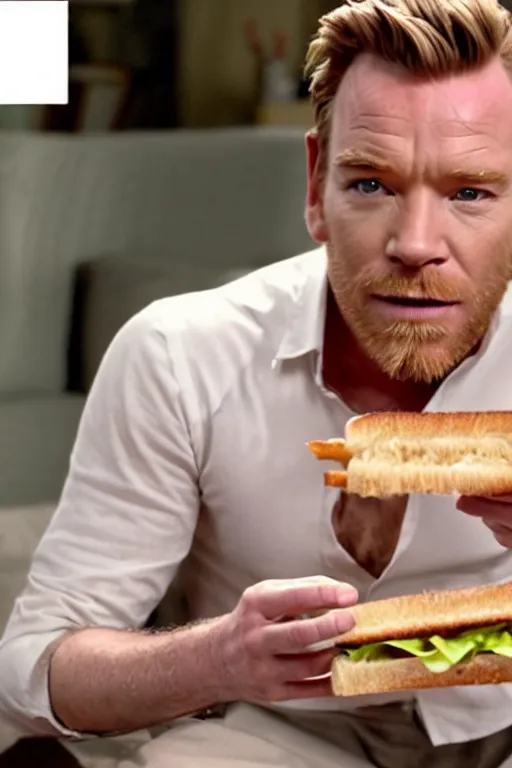 Image similar to A cinematic photo of Ewan McGregor eating sandwich