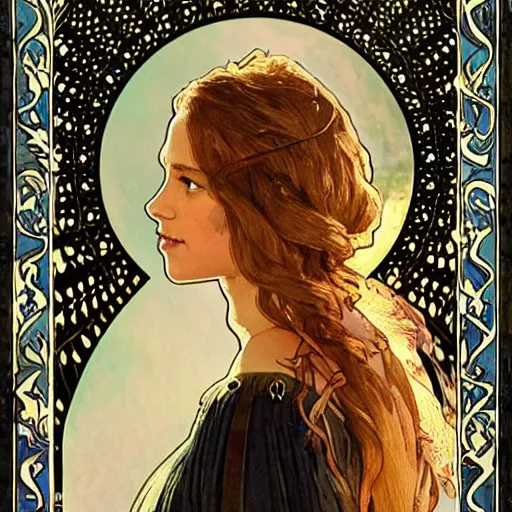 Prompt: alicia vikander portrait by louis - theophile hingre and alphonse mucha, realistic, sharp focus, zodiac signs, tarot cards, planets, ethereal, art nouveau, magic, moon, sun, crown, dreamy, royal, jewellery