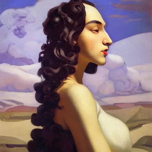 Image similar to a oil painting of a fair skin with dark curly stylised hair queen wearing dress, by nicholas roerich, by georgia o keeffe by frederick william elwell, by otomo highly detailed, realistic, concept art, jewels, oriental, desaturated