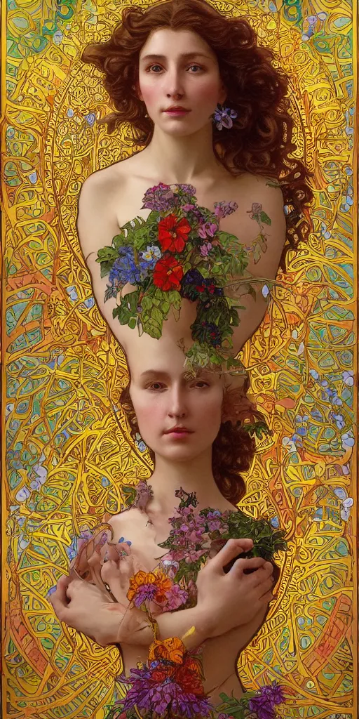 Image similar to a portrait painting of a singular beautiful female godess of spring, colorful flowers, holy geometry, tarot card style, by Mohrbacher and Moebius and Alphonse Mucha and Roger Deakins, cinematic lighting, masterpiece, golden ratio background, highly detailed, 8k resolution, trending on art station