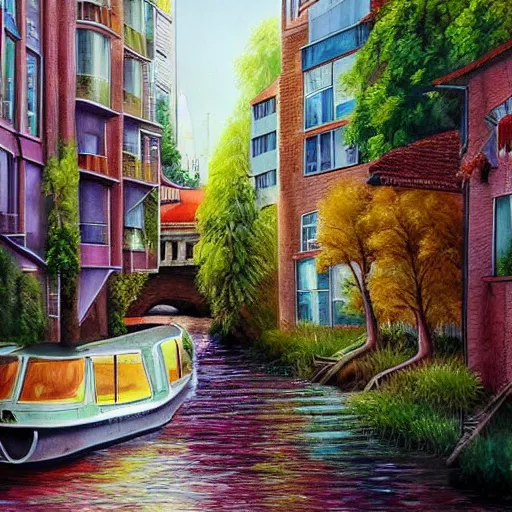 Image similar to Narrow cosy waterway in city of the future in harmony with nature. Nice colour scheme, soft warm colour. Beautiful detailed painting by Lurid. (2022)