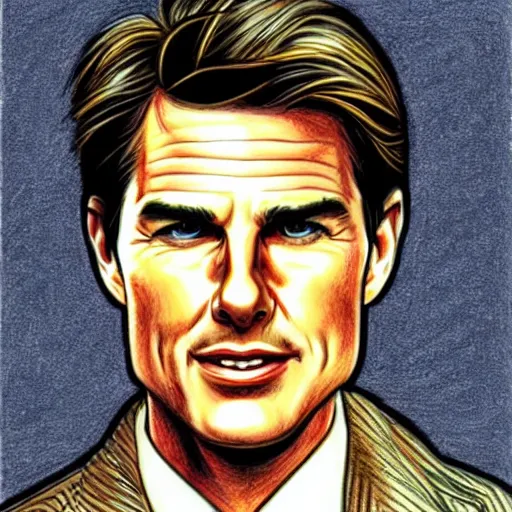 Image similar to a portrait drawing of Tom Cruise drawn by Robert Crumb