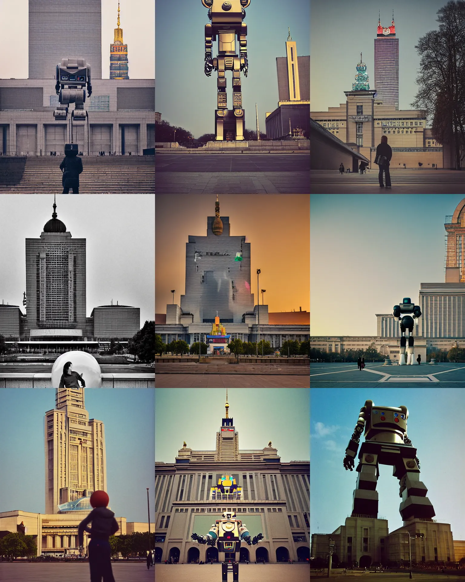 Prompt: robot towering over palace of culture in warsaw, giant oversized battle chubby intricate robot rabbit mech with big oversized ears ,palace of culture , Cinematic focus dof , Polaroid vintage color photo , vintage! , neutral dull colors, soft lights, sunset backlight , full body, by Steve Hanks, by Serov Valentin, by lisa yuskavage, by Andrei Tarkovsky