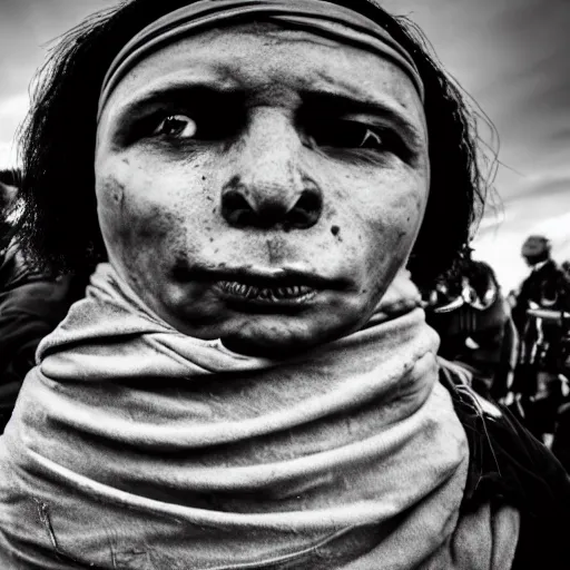 Prompt: hunnic protester face elongated cranium photo black and white wide angle lense